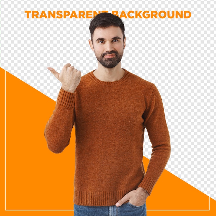 PSD homem de fato sorrindo e apontando com o dedo com fundo transparente