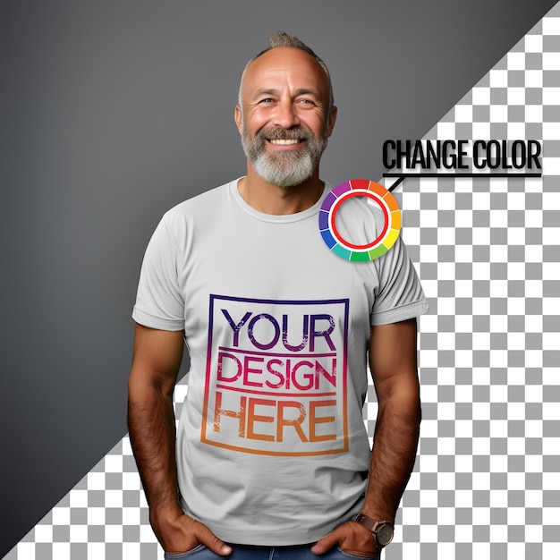 PSD homem de meia idade alegre e atraente em camiseta casual feliz produto maquete fotografia modelo bonito