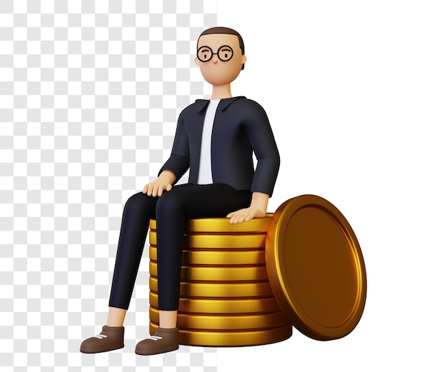 Homem de negócios 3d sentado sobre uma pilha de moedas
