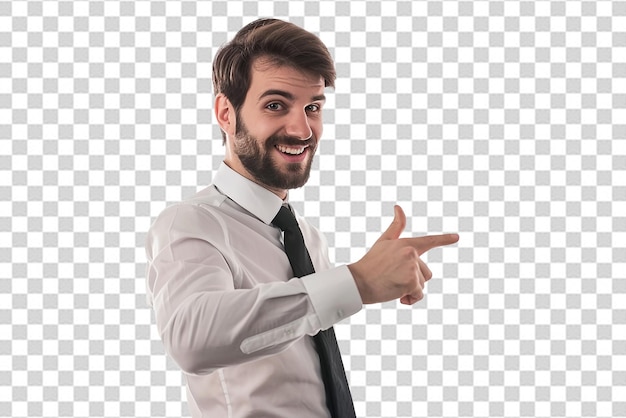 Homem de negócios bonito apontando para a câmera elogiando o empregado em fundo isolado branco