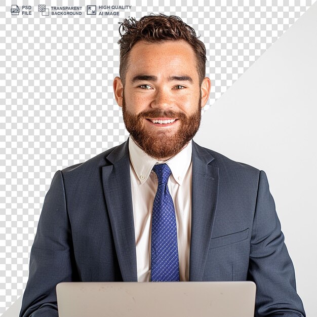 PSD homem de negócios bonito com laptop isolado em fundo branco