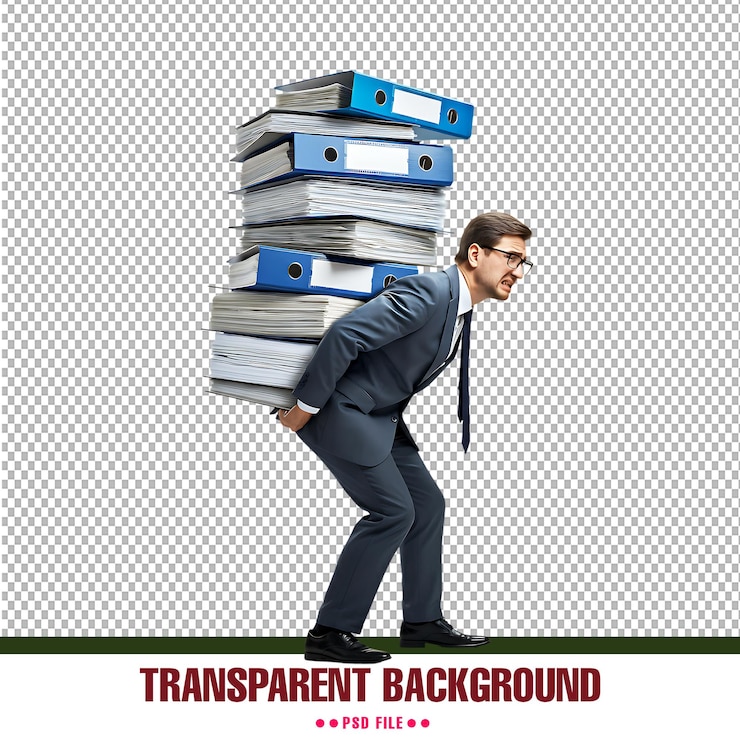 PSD homem de negócios carregando uma pilha pesada de arquivos psd de fundo transparente para conceitos de carga de trabalho