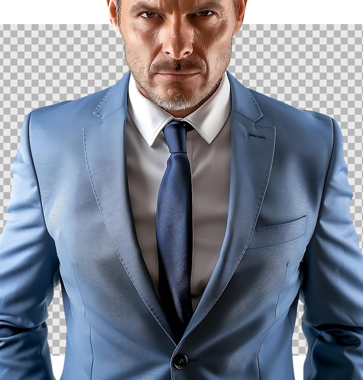 PSD homem de negócios de fato azul isolado em fundo transparente