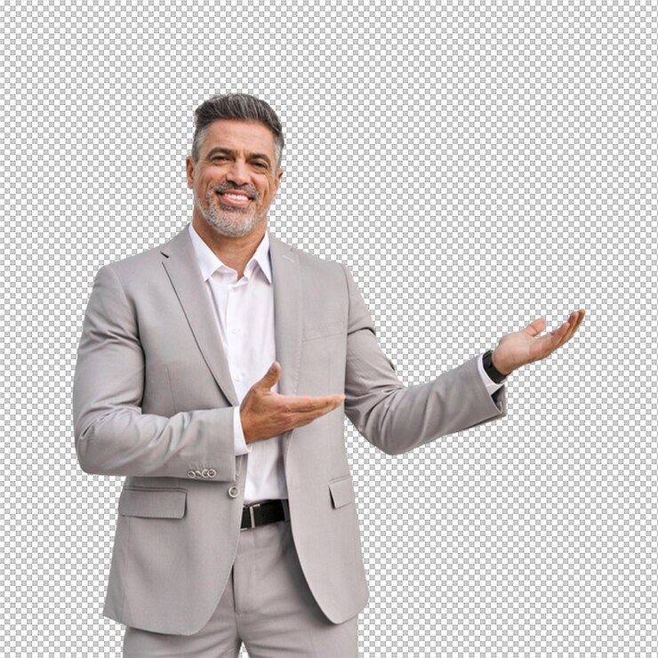 PSD homem de negócios de fato cinza apresentando com as mãos abertas