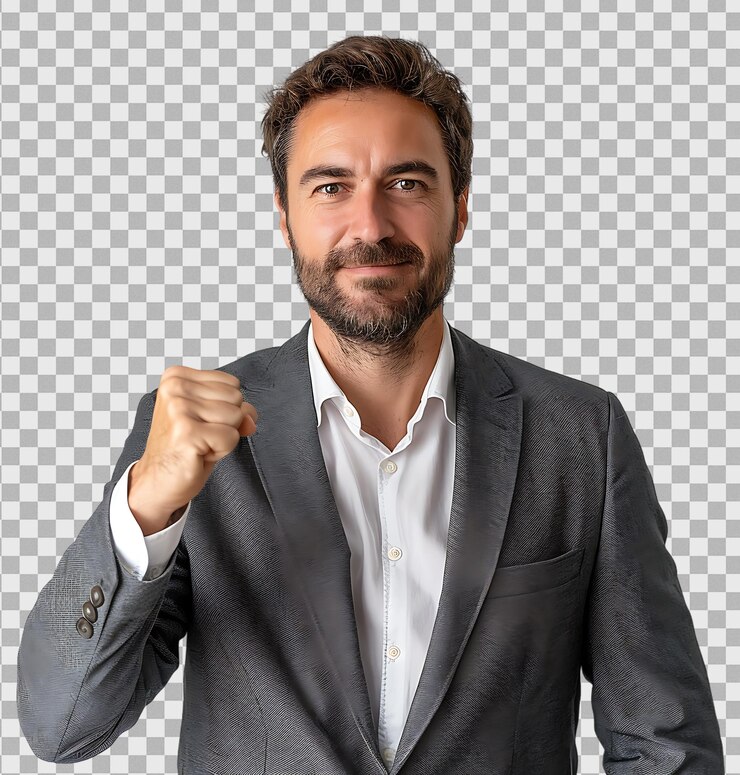 homem de negócios de pé e mostrando punho em um fundo transparente