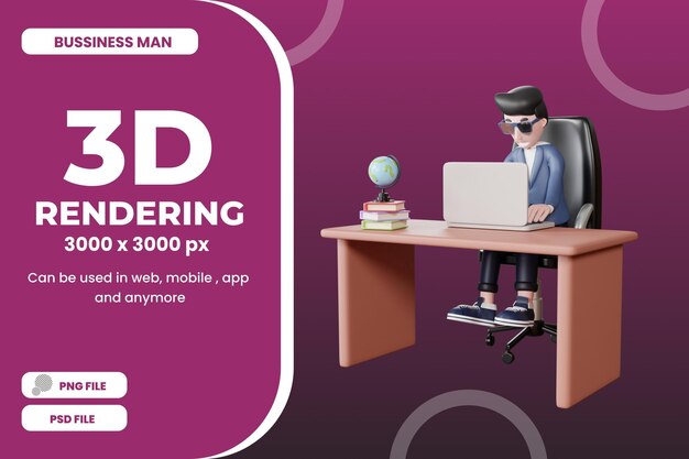 Homem de negócios de renderização 3d trabalha na ilustração de mesa psd premium