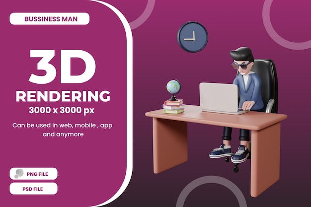 Homem de negócios de renderização 3d trabalha na ilustração de mesa psd premium