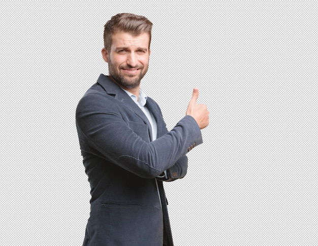 Homem de negócios fazendo o gesto do polegar para cima.