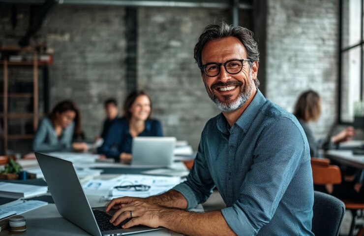 PSD homem de negócios feliz sentado em sua mesa com laptop e olhando para a câmera enquanto está de pé trabalhador de escritório