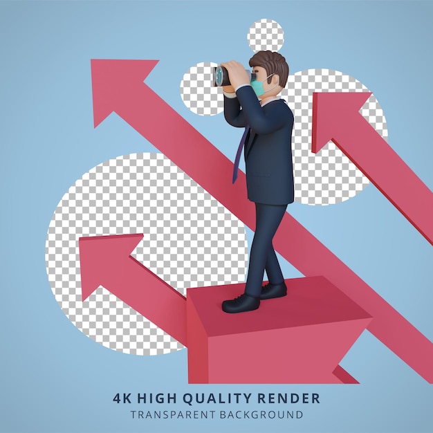 Homem de negócios procurando algo com binóculos e flechas personagem usando máscara ilustração de personagem 3D