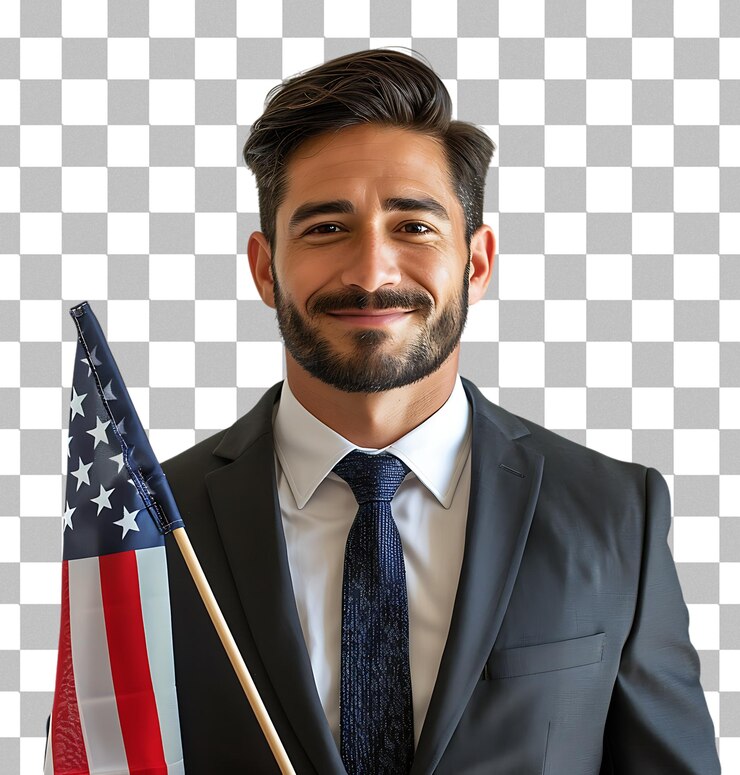 PSD homem de negócios segurando a bandeira dos eua em fundo transparente