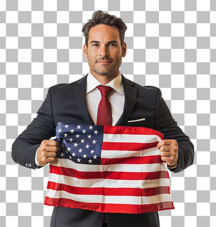 PSD homem de negócios segurando a bandeira dos eua em fundo transparente