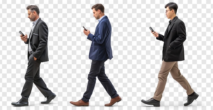PSD homem de negócios usando smartphone enquanto caminha vista lateral do corpo inteiro em fundo transparente psd