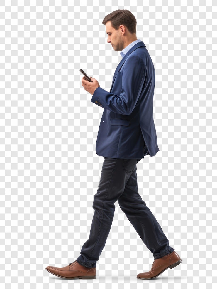 PSD homem de negócios usando smartphone enquanto caminha vista lateral do corpo inteiro em fundo transparente psd