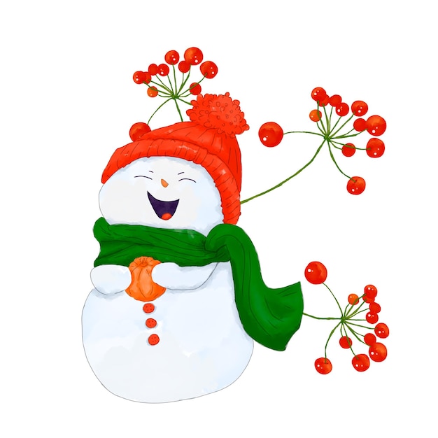 Homem de neve com chapéu vermelho e botões e lenço verde segura mandarina descascada nas mãos e sorri