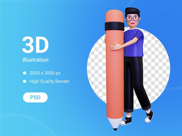 Homem de óculos segurando a ilustração 3d de lápis