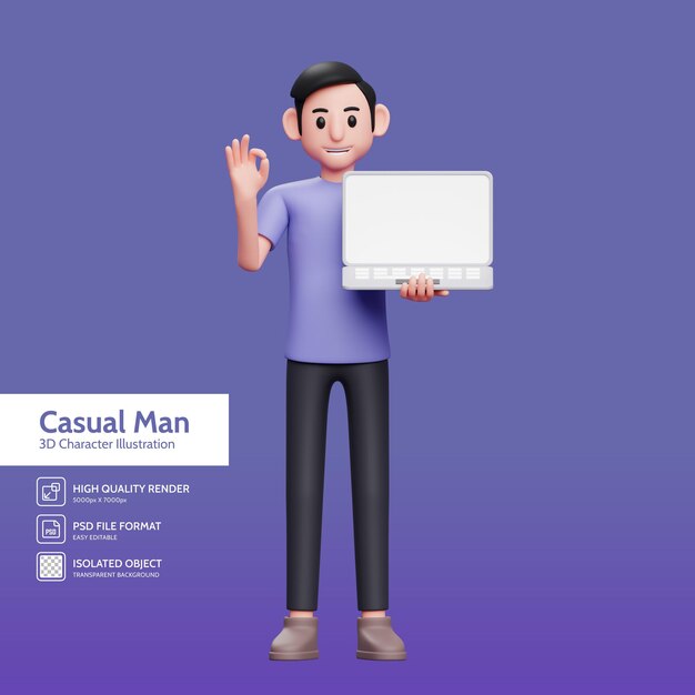 Homem de pé segurando laptop enquanto dá sinal de ok com a mão 3d render ilustração de personagem