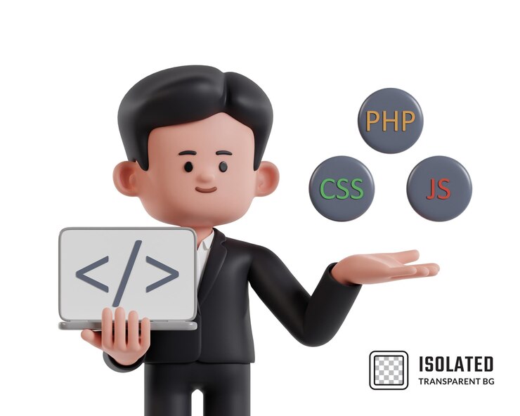 PSD homem de pé segurando laptop enquanto mostra software de linguagem de programação