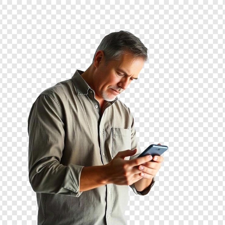 PSD homem de png segurando telefone móvel isolado em fundo transparente