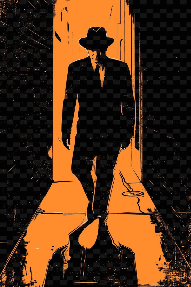 PSD homem de terno e fedora caminhando por um beco escuro sombras um desenho de fundo de cartaz png