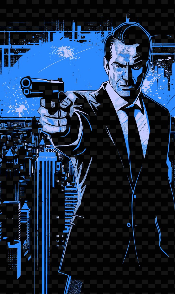 PSD homem de terno segurando uma arma paisagem urbana no fundo post post png poster background designs