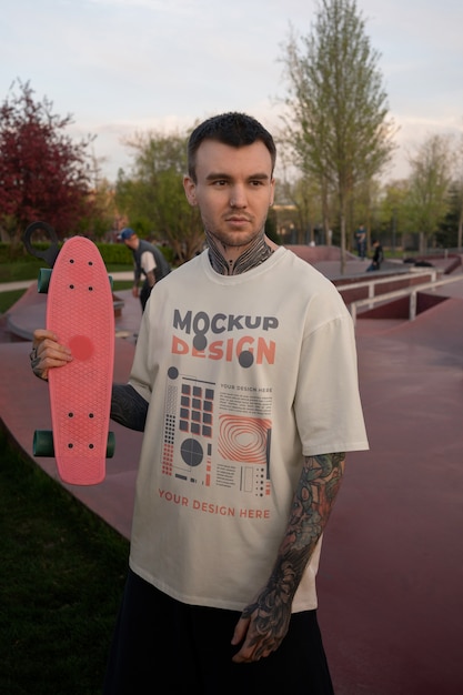 Homem de tiro médio vestindo camiseta de design urbano