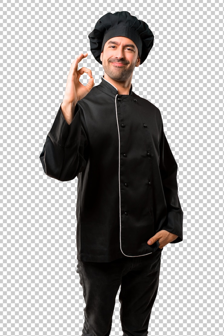 PSD homem do cozinheiro chefe no uniforme preto que mostra um sinal aprovado com dedos. rosto de felicidade e satisfação