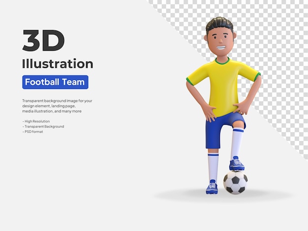 Homem do jogador de futebol nacional do Brasil em pé com a bola sob o pé ilustração 3D render