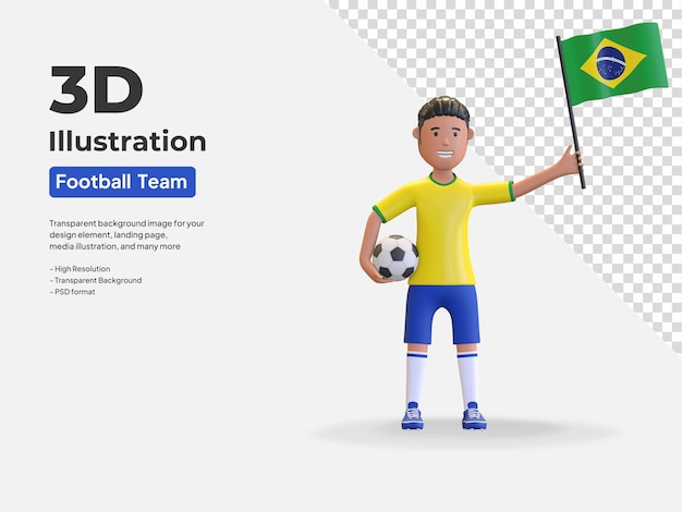 PSD homem do jogador de futebol nacional do brasil segurando uma bola e a ilustração da renderização da bandeira do país em 3d