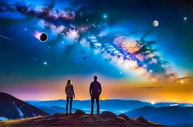 PSD homem e mulher olhando para o céu azul enquanto os efeitos da galáxia aparecem no céu à noite e também alguns
