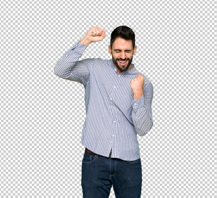 PSD homem elegante com camisa comemorando uma vitória