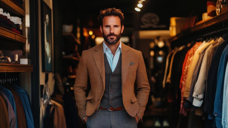 PSD homem elegante em roupas sob medida dentro de uma boutique