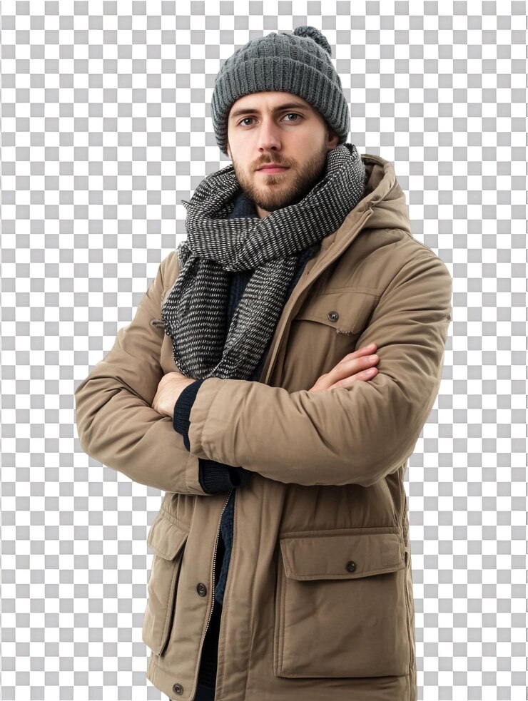 PSD homem em uma roupa de inverno com braços cruzados contra um fundo transparente para mostrar moda de inverno ou um comportamento frio confiante