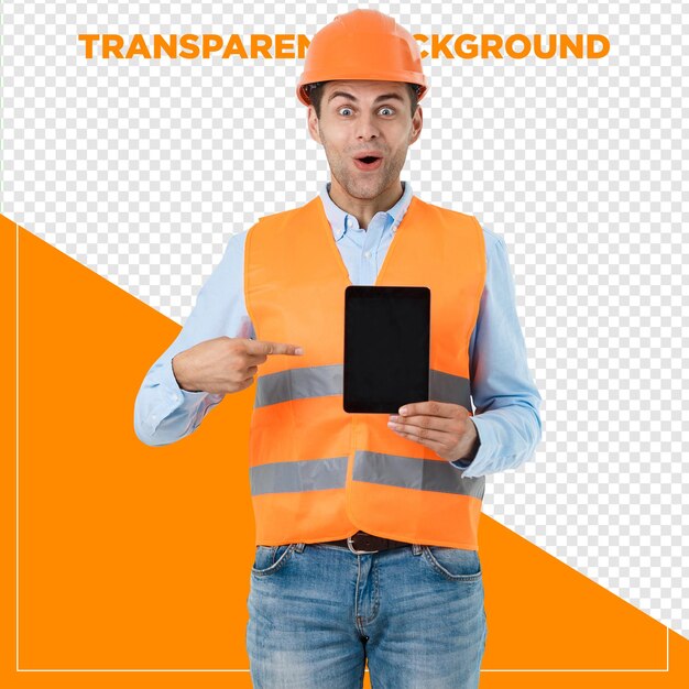 homem engenheiro apontando para o tablet com fundo transparente
