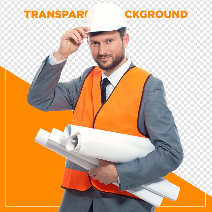 PSD homem engenheiro segurando planos com fundo transparente