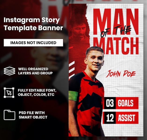 Homem esportivo de futebol vermelho do jogo com modelo de banner de história do instagram de mídia social de efeito de papel rasgado