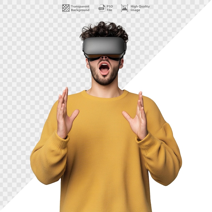 PSD homem excitado usando fone de ouvido de realidade virtual fazendo gestos em fundo transparente