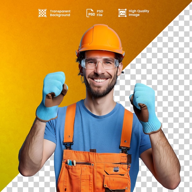 PSD homem feliz e sorridente usando oculos e capacete de seguranca commémorando e emotivado (homme heureux et souriant en utilisant des yeux et une capacité de sécurité)