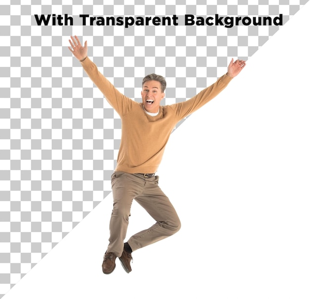 Homem feliz pulando de excitação PNG PSD isolado em fundo transparente