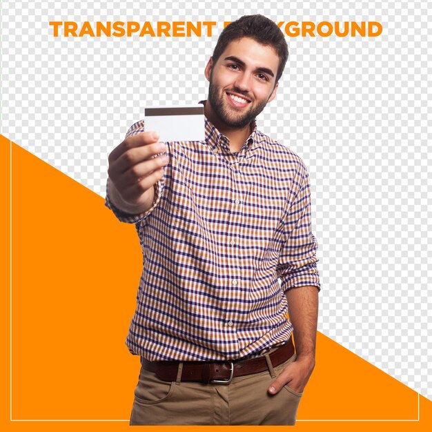 Homem feliz segurando um cartão de crédito em fundo transparente