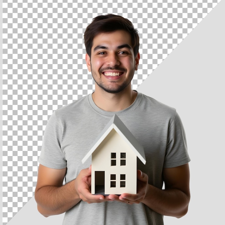 PSD homem feliz segurando uma construção de casa em miniatura