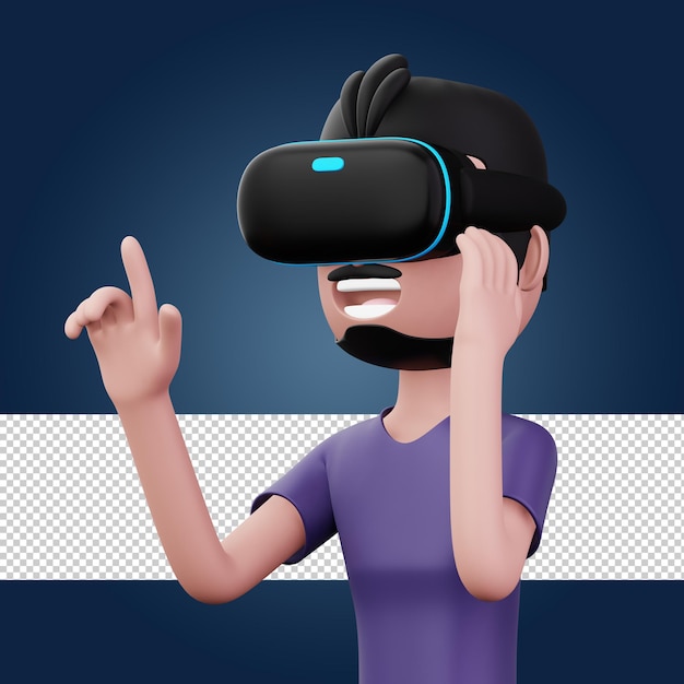 Homem feliz usando fone de ouvido de realidade virtual personagem de desenho animado bonito com renderização 3d vr