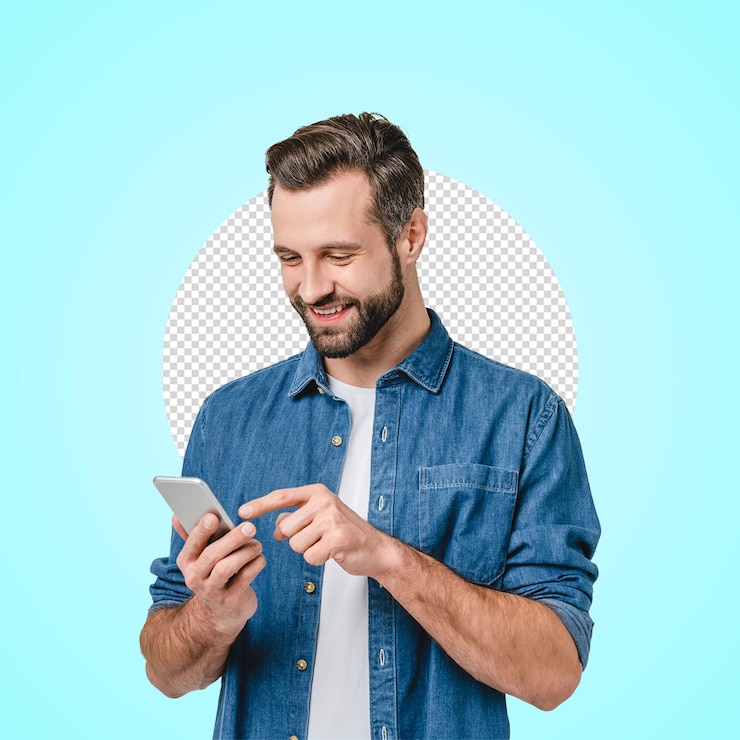 PSD homem feliz usando seu smartphone