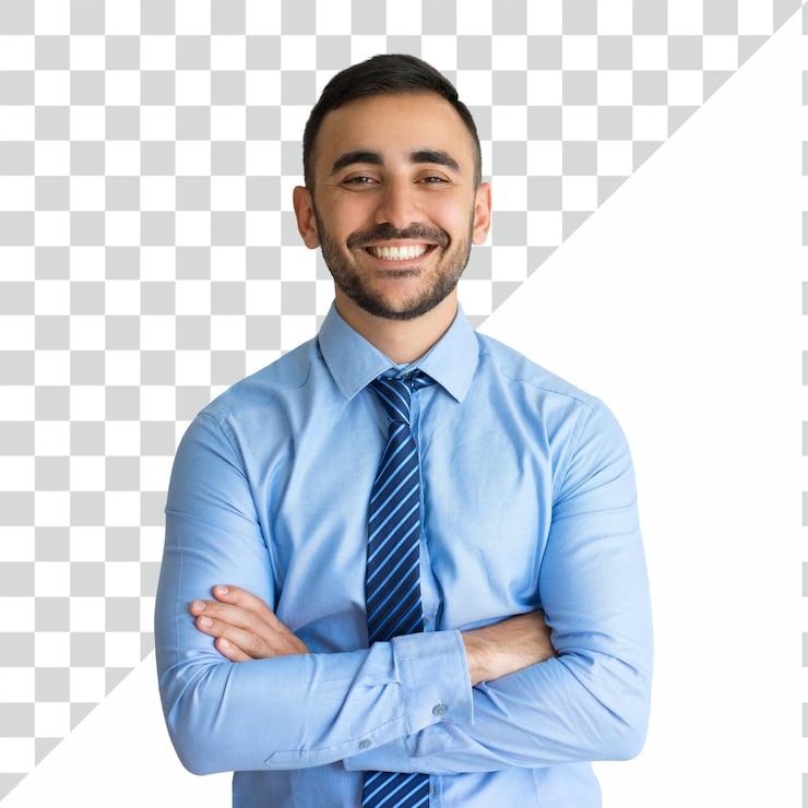 PSD homem formal camisa azul sorrindo