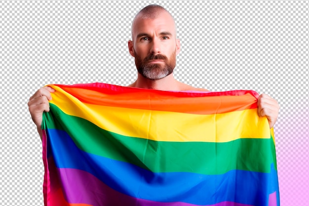 PSD homem gay psd com barba e bandeira lgbt arco-íris em um fundo transparente