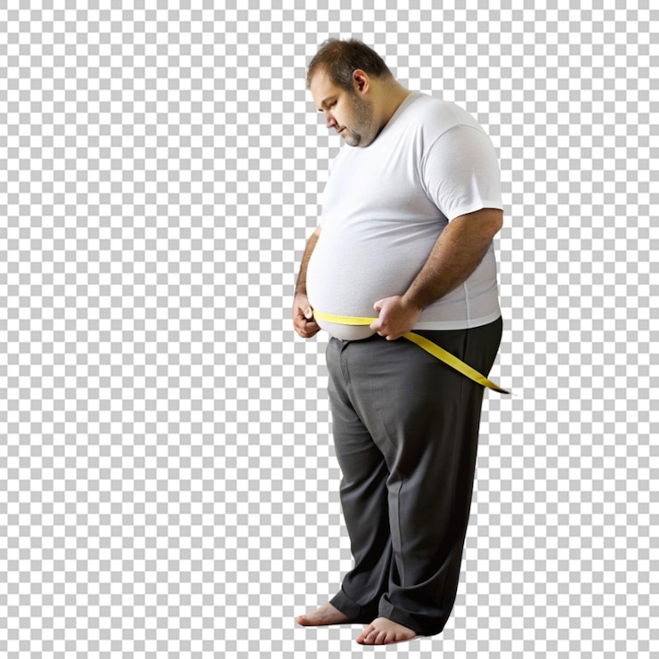PSD homem gordo segurando fita métrica para verificar
