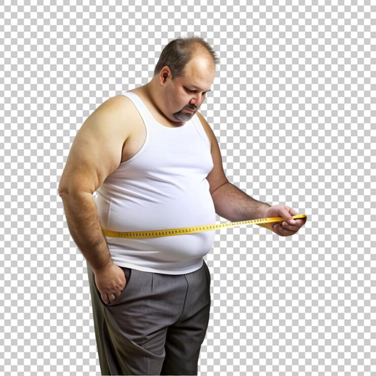 PSD homem gordo segurando fita métrica para verificar