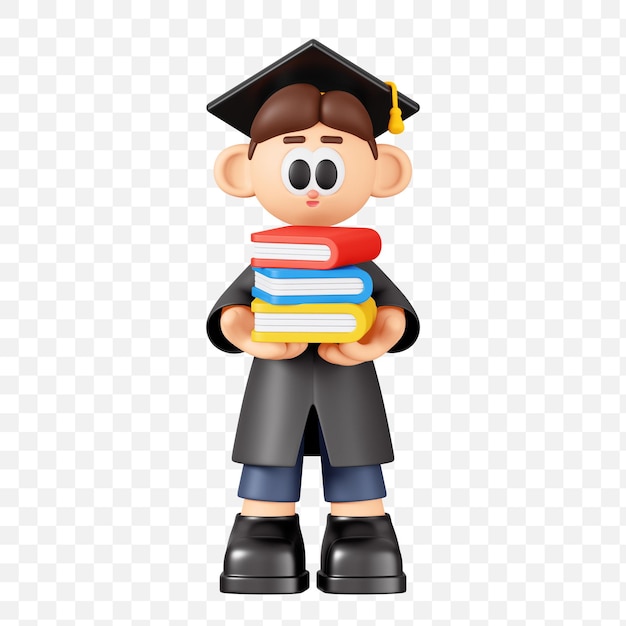 Homem graduado segurando uma pilha de livros Isolado Cartoon Boy Estudante Personagem Ilustração 3D