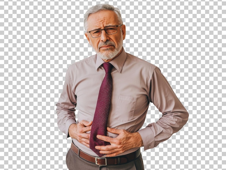 PSD homem idoso com dor de estômago em uma camisa cortada transparente