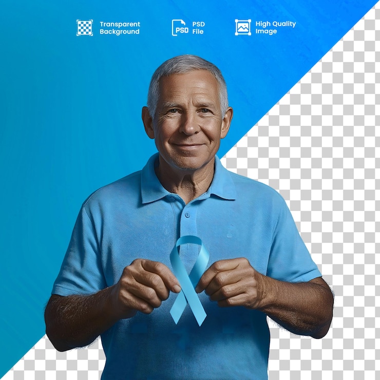PSD homem idoso segurando laco azul na campaña novembro azul